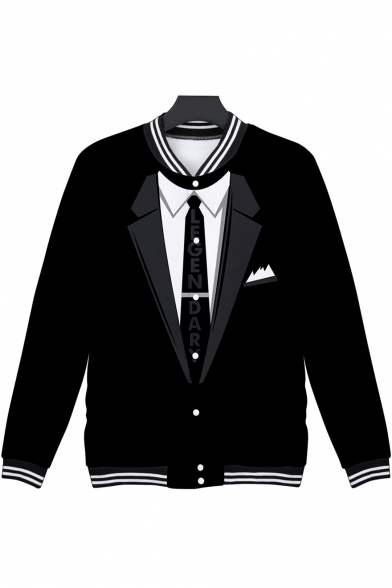 Trendy 3D Color Block Long Sleeve Stand Collar Unisex Black Baseball Jacket