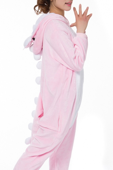 Trendy Color Block Hooded Long Sleeve Fleece Cosplay Dinosaur Unisex Onesie Pajamas