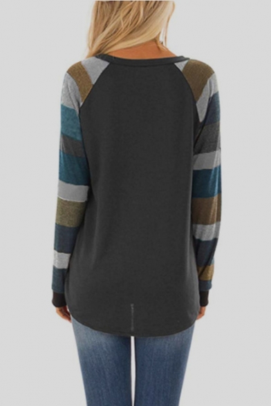 Trendy Color Block Long Sleeve Round Neck Round Hem Loose Casual T-Shirt