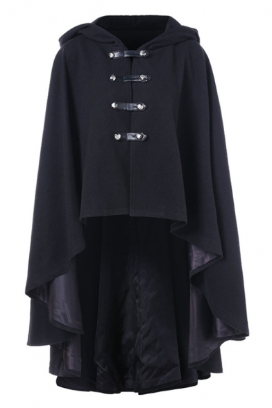 

Unique Black Hooded PU Metal Button Front High Low Hem Cape Coat