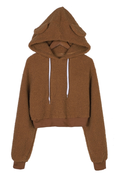 Unique Brown Long Sleeve Teddy Hair Fashion Cropped Hoodie