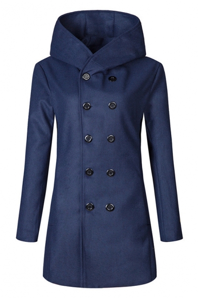 Winter's Basic Solid Long Sleeve Hooded Double Breasted Fitted Trench Coat