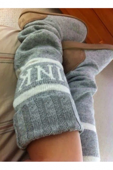 Winter's New Stylish Letter Printed Canvas Flat Gray Knit Knee Boots