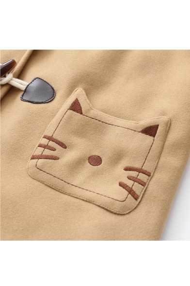 Winter's New Trendy Cartoon Cat Embroidered Pocket Hooded Long Sleeve Toggle Coat