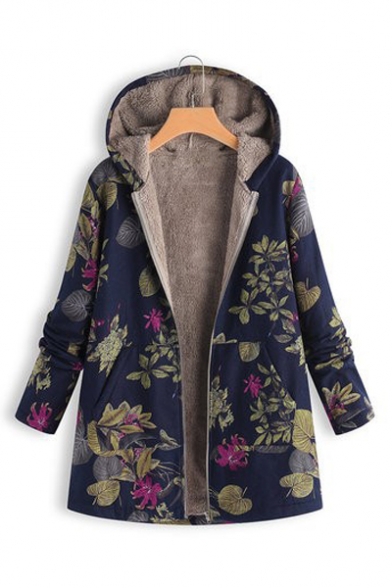 Winter's New Trendy Floral Printed Long Sleeve Hooded Longline Zip Up Cotton Coat