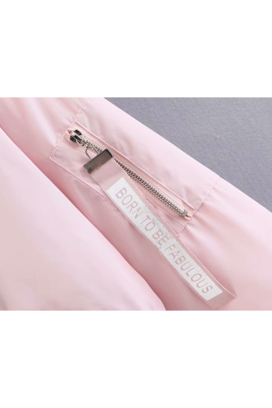 Zip Ribbon Embellished Long Sleeve Contrast Hooded Zip Up Bomber Jacket