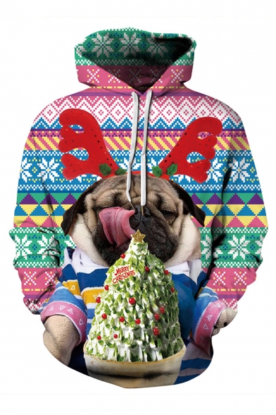 3D Christmas Dog Geometric Pattern Color Block Unisex Casual Hoodie