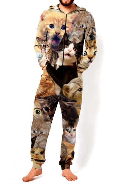 3D Khaki Cartoon Cat Pattern Hooded Long Sleeve Loose Fitted Unisex Jumpsuits
