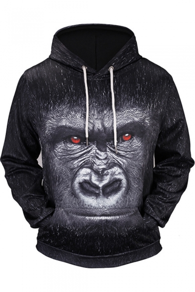 Black 3D Animal Ape Printed Long Sleeve Men's Sports Casual Hoodie