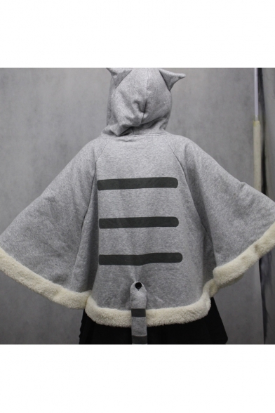 Cartoon Cat Claw Printed Hooded Long Sleeve Gray Cape Coat