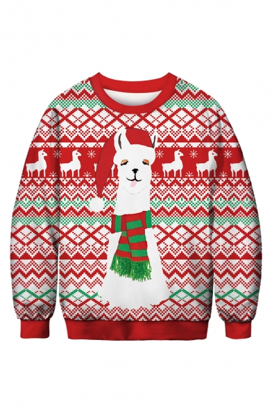 Cartoon Christmas Animal Pattern Crewneck Long Sleeve Red Sweatshirt