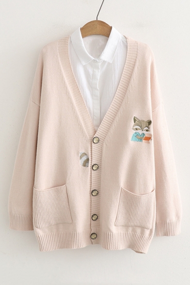 Cartoon Fox Embroidered Long Sleeve Button Front Cardigan with Double Pockets