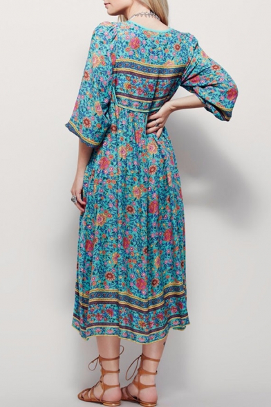 Chic Boho Style Green Floral Printed Long Sleeve Lace-Up V Neck Maxi Beach Dress