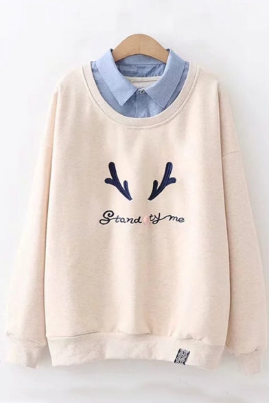 Chic Lapel Collar Patched Deer Horn Letter STAND BY ME Embroidered Long Sleeve Beige Sweatshirt