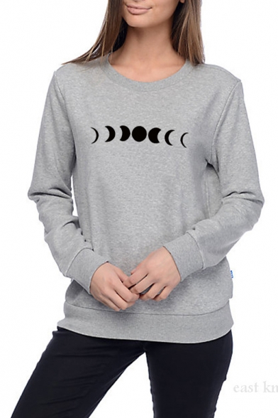 Chic Moon Pattern Round Neck Long Sleeve Regular Fitted Gray Pullover Sweatshirt