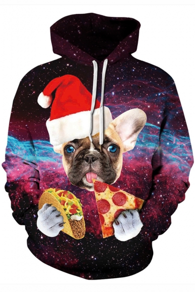 Christmas Dog Pizza Galaxy Printed Sports Regular Fit Purple Hoodie
