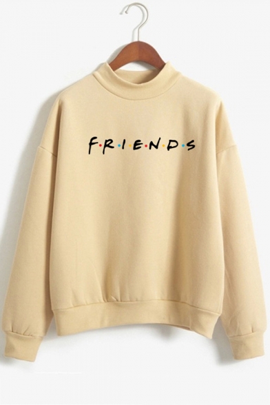 Colorful Dot Letter FRIENDS Printed Mock Neck Long Sleeve Pullover Sweatshirt