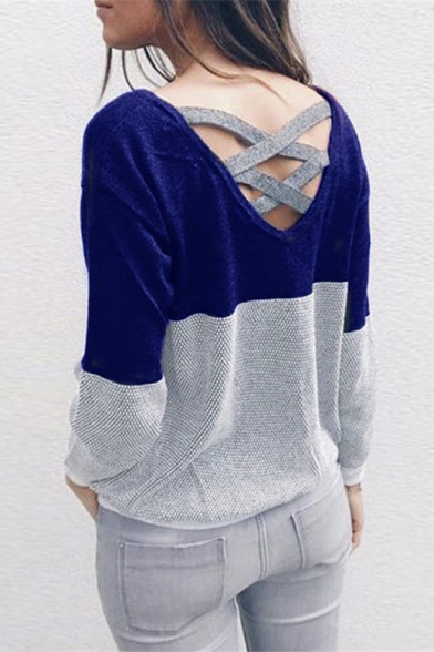 Crisscross Back Round Neck Long Sleeve Color Block Loose Casual T-Shirt