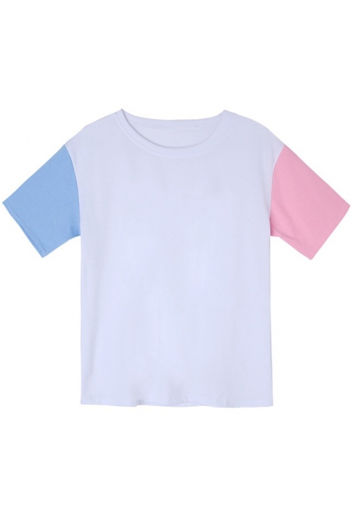 Fashion Colorblock Short Sleeve Round Neck Loose Casual Cotton T-Shirt