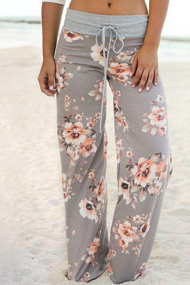 Fashion Floral Pattern Tied Waist Loose Fitted Leisure Wide Legs Pants