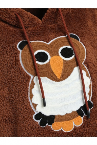 Girls' Cute Owl Printed Long Sleeve Fitted Cashmere Warm Khaki Hoodie
