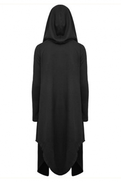 Gothic Style Long Sleeve Plain Hooded Open Front Asymmetrical Coat