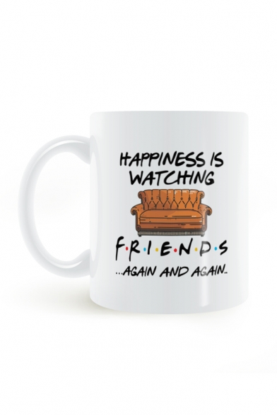 Letter HAPPINESS IS WATCHING FRIENDS Sofa Printed White Ceramic Mug of Large Capacity 8.2*9.6cm