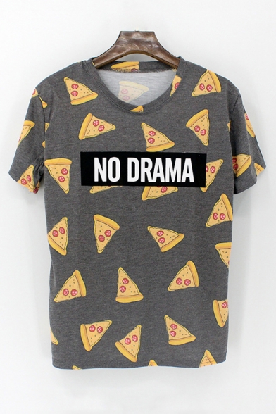 Letter NO DRANA All Over Pizza Print Round Neck Short Sleeve Gray T-Shirt