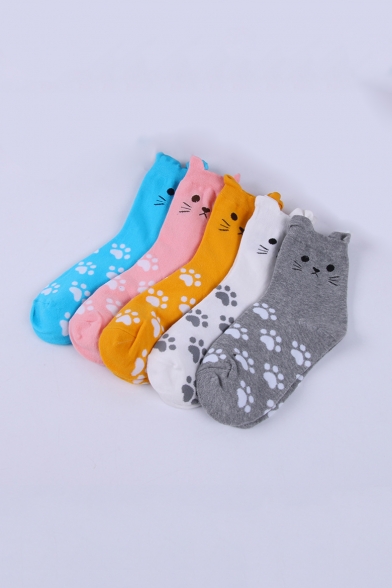 Five-Pair Lovely Cartoon Cat Claw Printed Breathable Cotton Unisex Socks