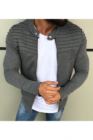 Men's Stand Collar Long Sleeve Simple Solid Zip Up Jacket