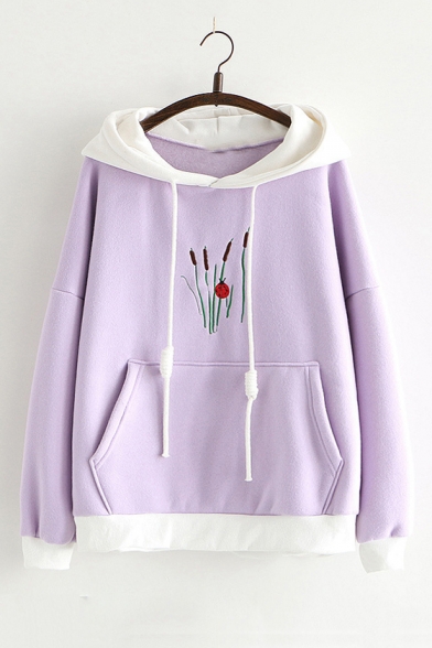 New Arrival Unique Grass Embroidered Long Sleeve Loose Casual Hoodie