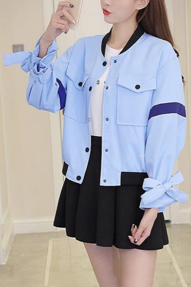 Simple Contrast Collar Buttons Down Belted Cuff Long Sleeve Baseball Jacket