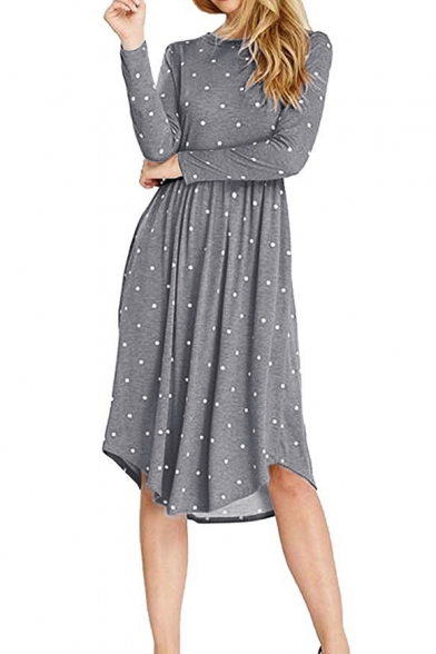 Simple Long Sleeve Polka Dot Pattern Elastic Wist Midi T-Shirt Dress