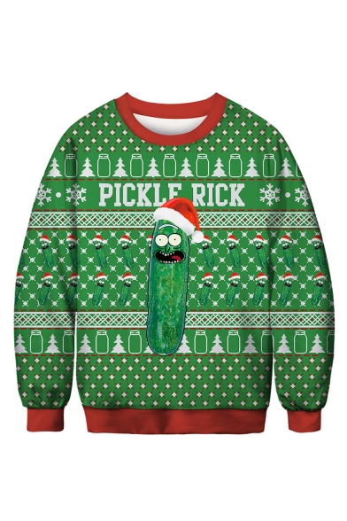 Trendy 3D Christmas Pattern Round Neck Long Sleeve Regular Fitted Green Sweatshirt