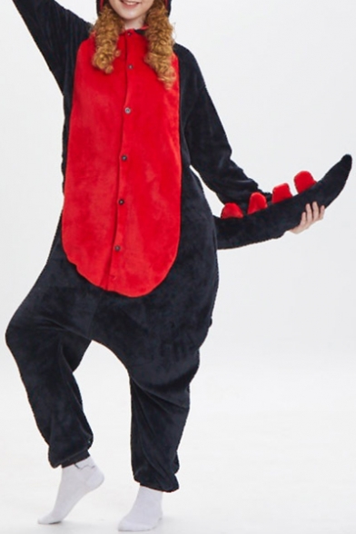 Trendy Unisex Color Block Dinosaur Cosplay Fleece Costume Onesie Pajamas for Adult