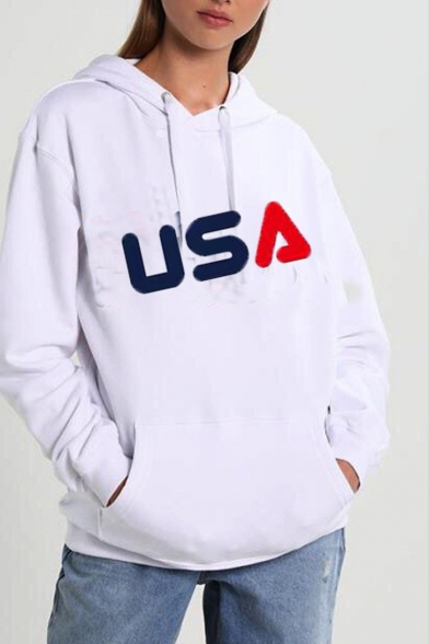 USA Letter Printed Long Sleeve Regular Fitted White Hoodie