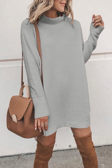 Winter's Basic Solid High Neck Long Sleeve Mini Casual Shift Sweater Dress