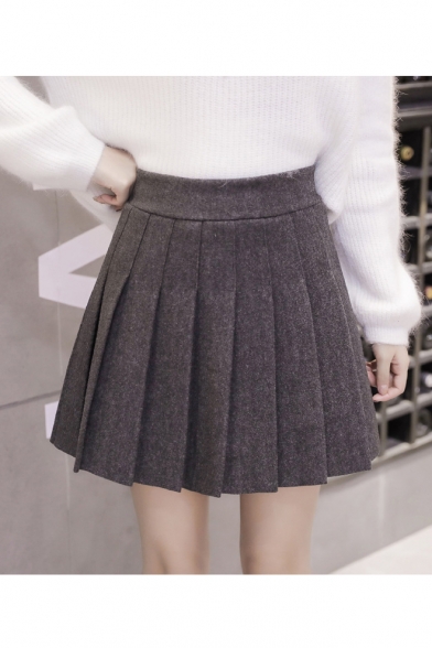 Winter's High Waist Solid Mini A-Line Woolen Pleated Skirt with Liner