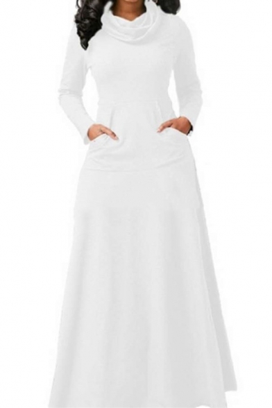 Winter's New Arrival Long Sleeve Cowl Neck Plain Maxi A-Line Dress