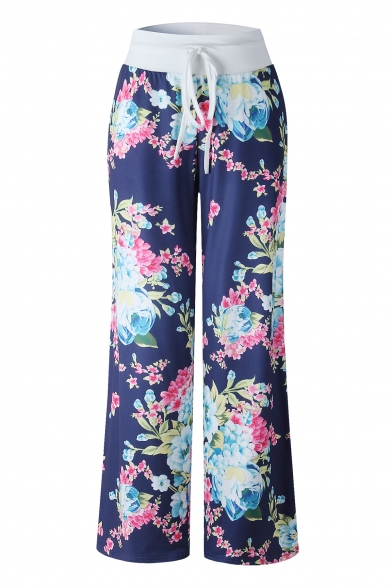Women's Fancy Floral Pattern Tied Waist Loose Fitted Casual Pants for Women