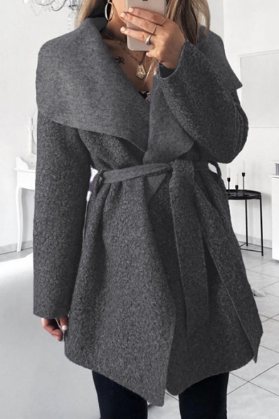 Women's Winter Trendy Long Sleeve Waterfall Collar Longline Wool Coat with Belt Waist