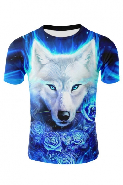 3D Fire Rose White Wolf Printed Crewneck Long Sleeve Blue T-Shirt