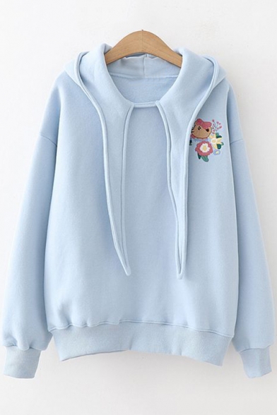 Cartoon Floral Embroidered Long Sleeve Regular Hoodie for Juniors