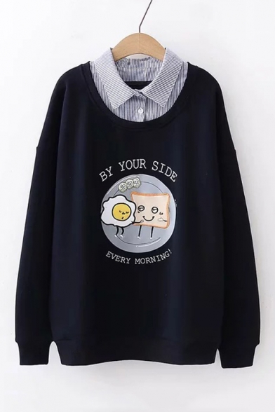 

Cartoon Printed Striped Lapel Collar Patched Long Sleeve Fitted Sweatshirt, Beige;navy, LC489833