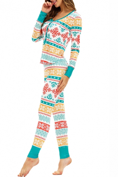 Christmas Snowflake Printed V Neck Long Sleeve Top Sleepwear for Women
