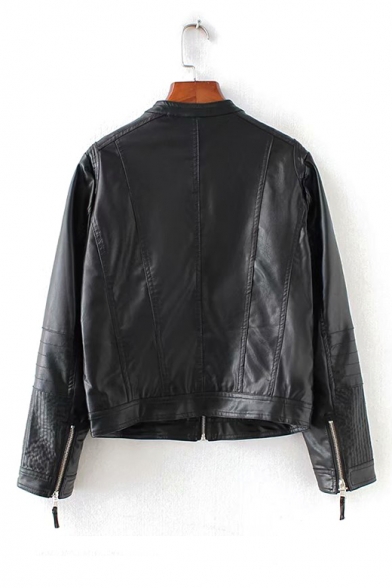 Classic Black Zip Embellished Cuff Stand Collar Long Sleeve Zip Up PU Biker Jacket