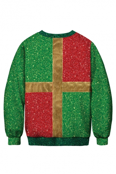 Classic Red and Green Color Block 3D Bow Tie Printed Crewneck Long Sleeve Sweatshirt