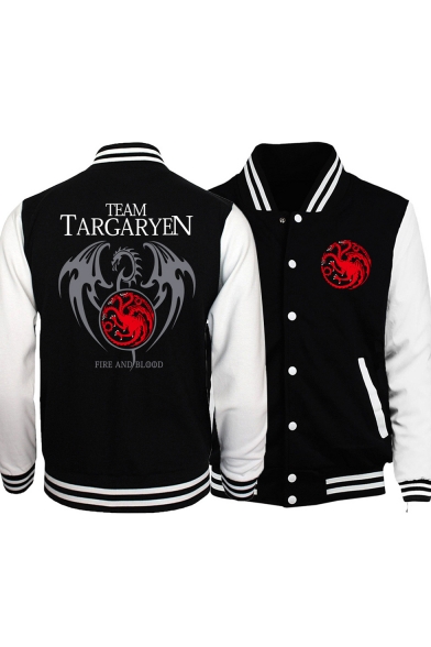 

Colorblock Letter TEAM TARGARYEN Printed Long Sleeve Stand Collar Zip up Baseball Jacket, LC493488