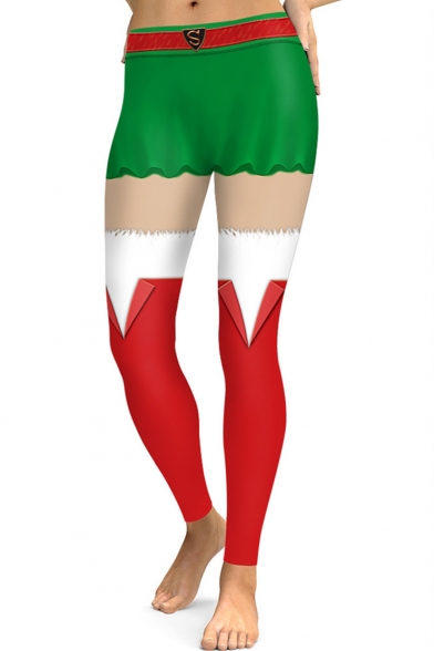 Digital Christmas Red and Green Pattern Elastic Sports Leggings