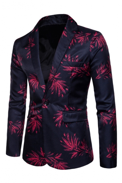 Fancy Floral Pattern Long Sleeve Notched Lapel Collar Single Button Slim Fitted Blazer for Men